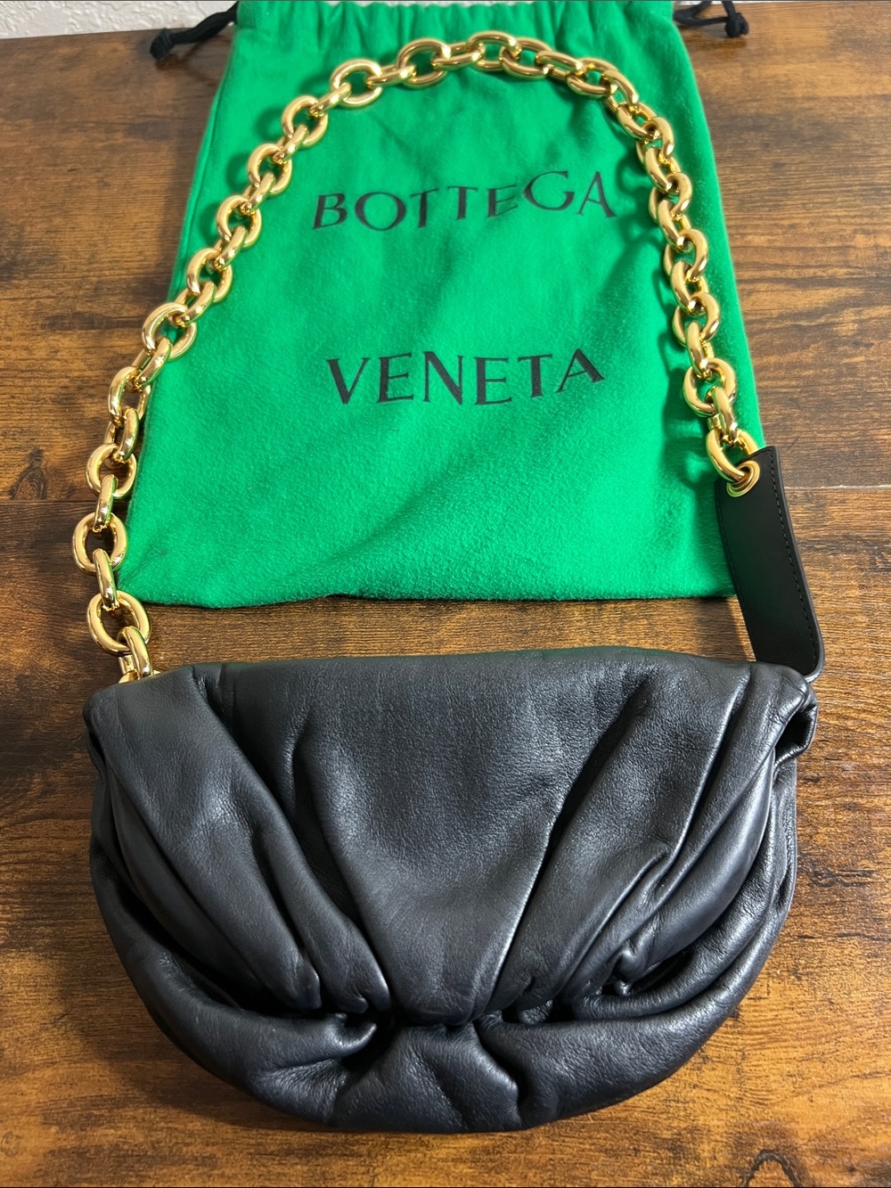 Bottega Veneta Black Leather Mini Pouch with Gold Chain